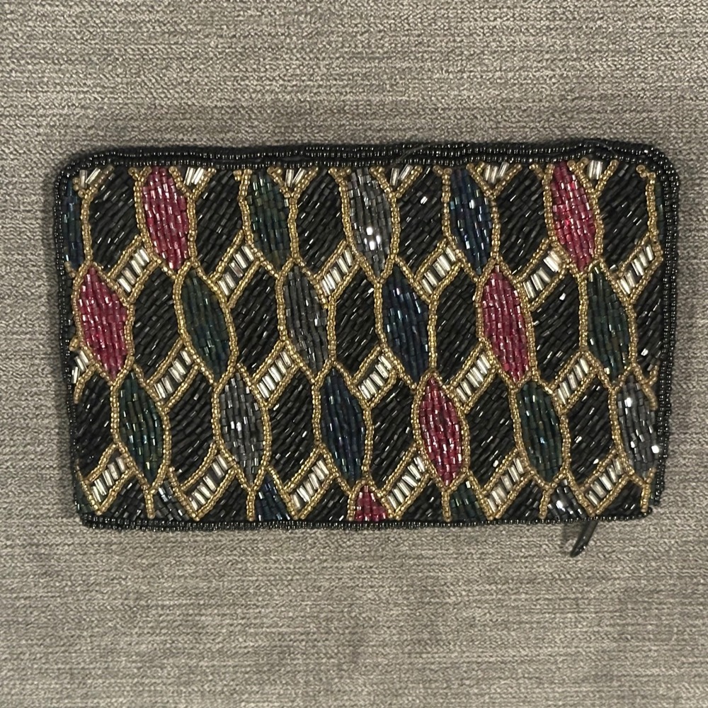 Bechamel Vintage Beaded Clutch Bag Black Gold Burgundy Geometric Zipper Pouch